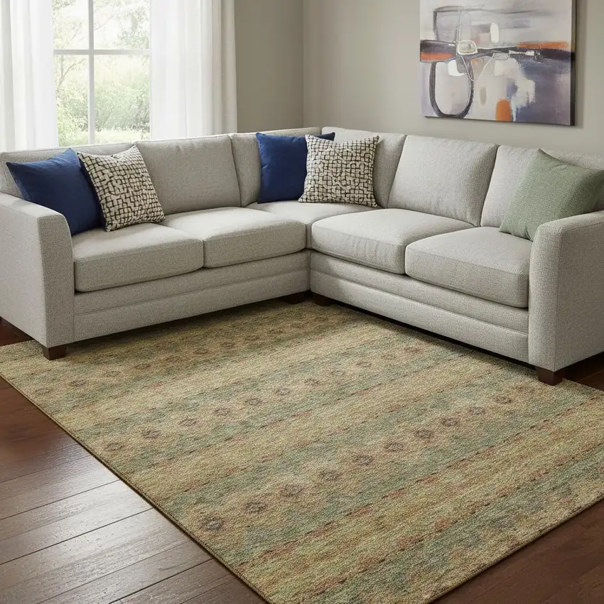 Green And Copper Floral Medallion Washable Area Rug With UV Protection Photo 1