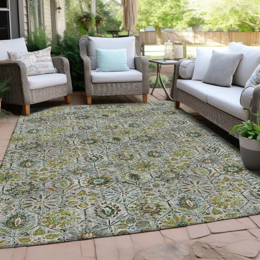 Green And Copper Floral Washable Indoor Outdoor Area Rug Photo 5