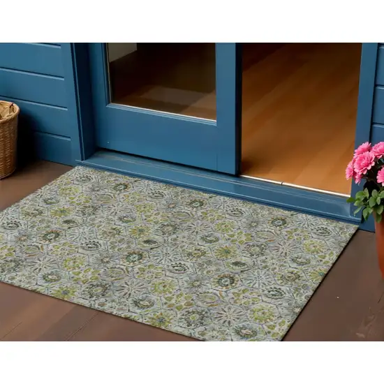Green And Copper Floral Washable Indoor Outdoor Area Rug Photo 2