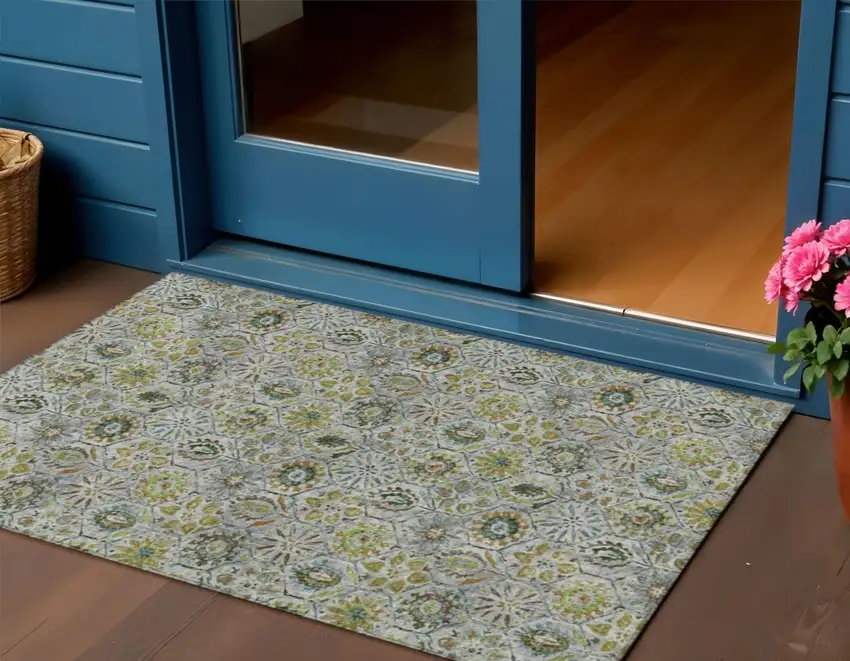 Green And Copper Floral Washable Indoor Outdoor Area Rug Photo 2