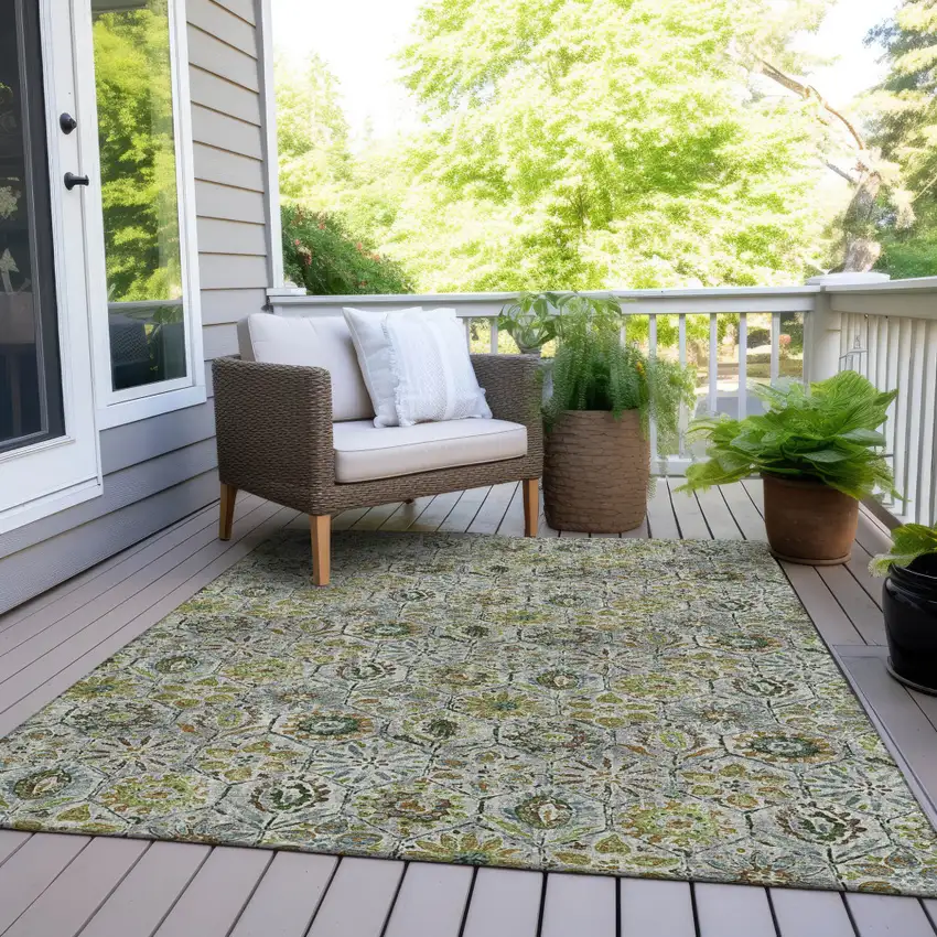 Green And Copper Floral Washable Indoor Outdoor Area Rug Photo 8