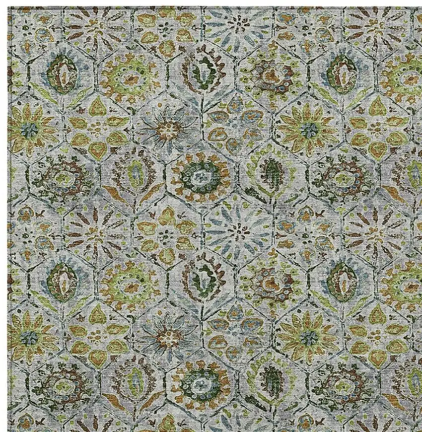 Green And Copper Floral Washable Indoor Outdoor Area Rug Photo 3