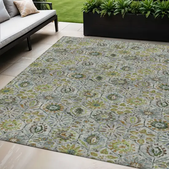 Green And Copper Floral Washable Indoor Outdoor Area Rug Photo 2
