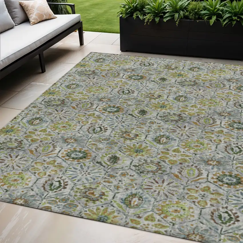 Green And Copper Floral Washable Indoor Outdoor Area Rug Photo 2