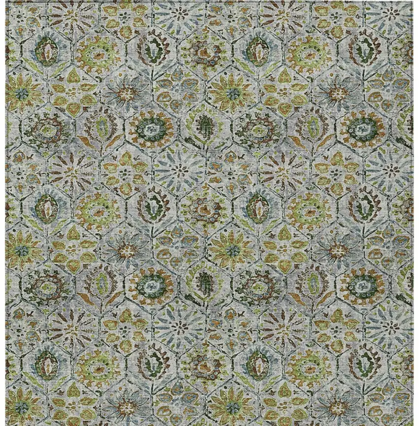 Green And Copper Floral Washable Indoor Outdoor Area Rug Photo 9