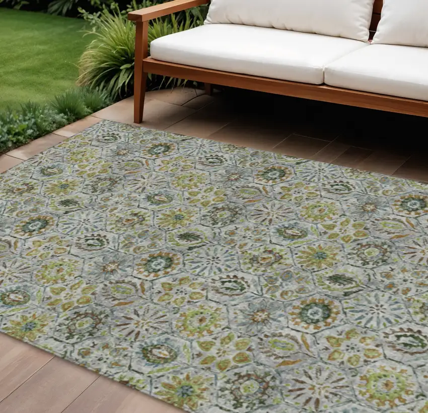 Green And Copper Floral Washable Indoor Outdoor Area Rug Photo 2