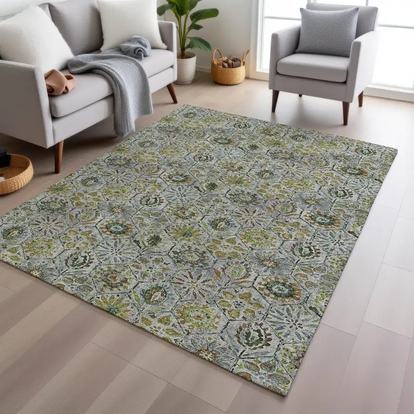 Green And Copper Floral Washable Indoor Outdoor Area Rug Photo 6