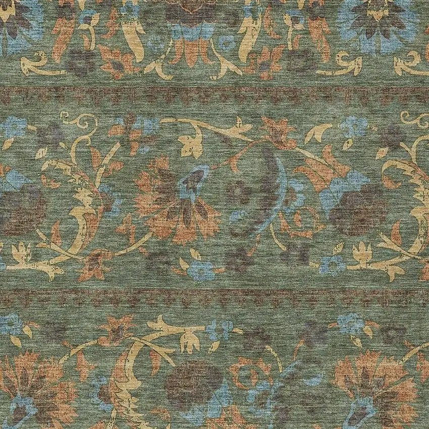 Green And Copper Floral Washable Indoor Outdoor Area Rug Photo 2