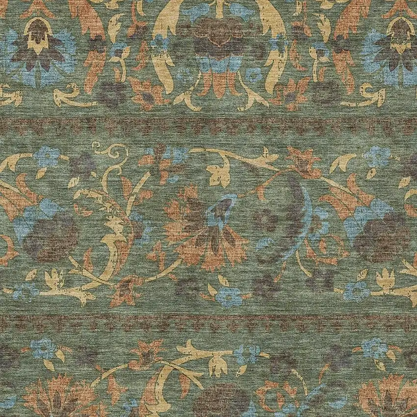 Green And Copper Floral Washable Indoor Outdoor Area Rug Photo 2