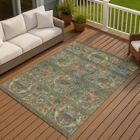 Green And Copper Floral Washable Indoor Outdoor Area Rug Photo 7