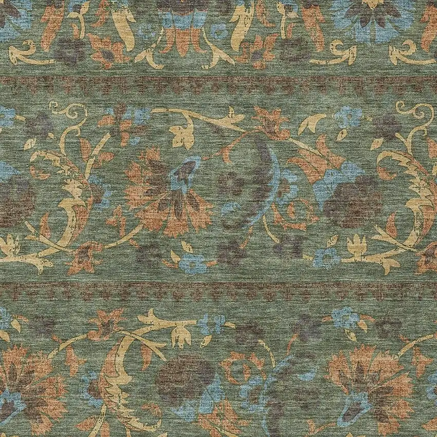 Green And Copper Floral Washable Indoor Outdoor Area Rug Photo 2