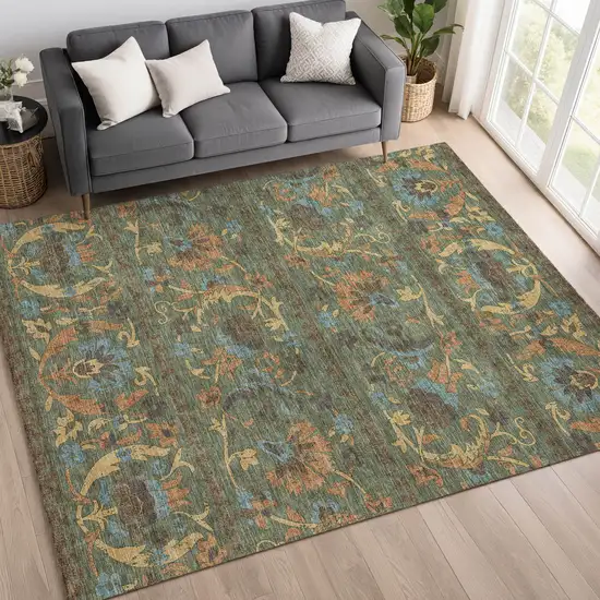 Green And Copper Floral Washable Indoor Outdoor Area Rug Photo 6