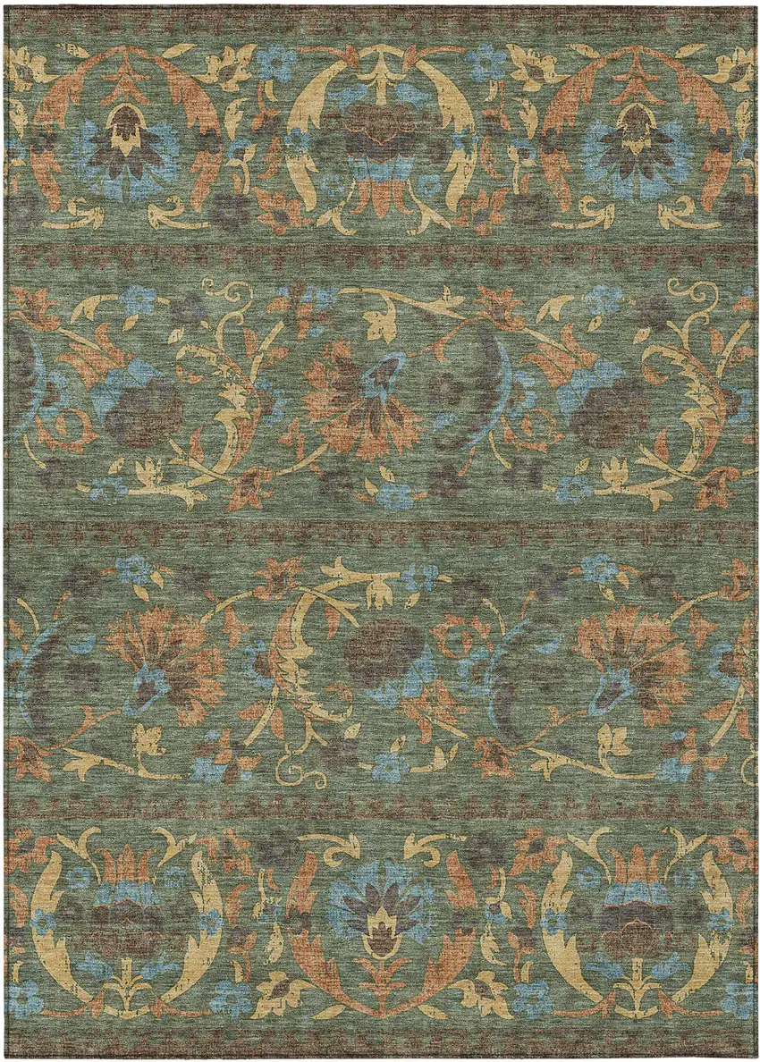 Green And Copper Floral Washable Indoor Outdoor Area Rug Photo 1