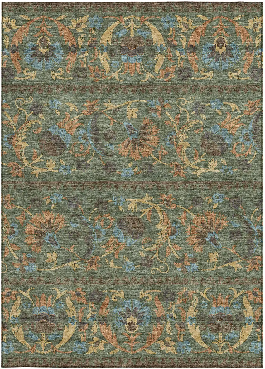 Green And Copper Floral Washable Indoor Outdoor Area Rug Photo 3