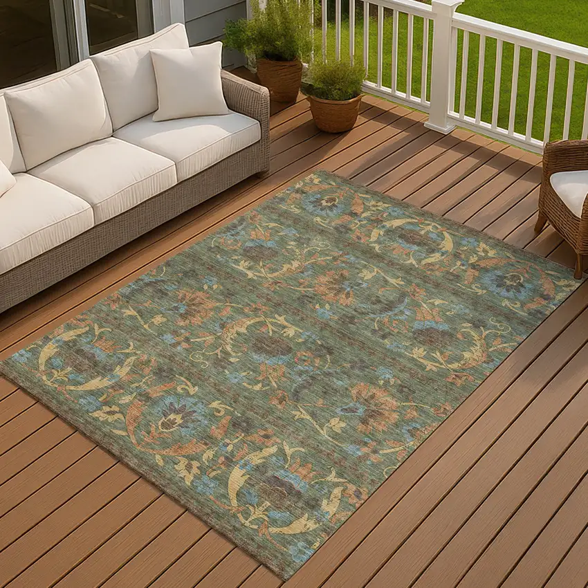 Green And Copper Floral Washable Indoor Outdoor Area Rug Photo 7