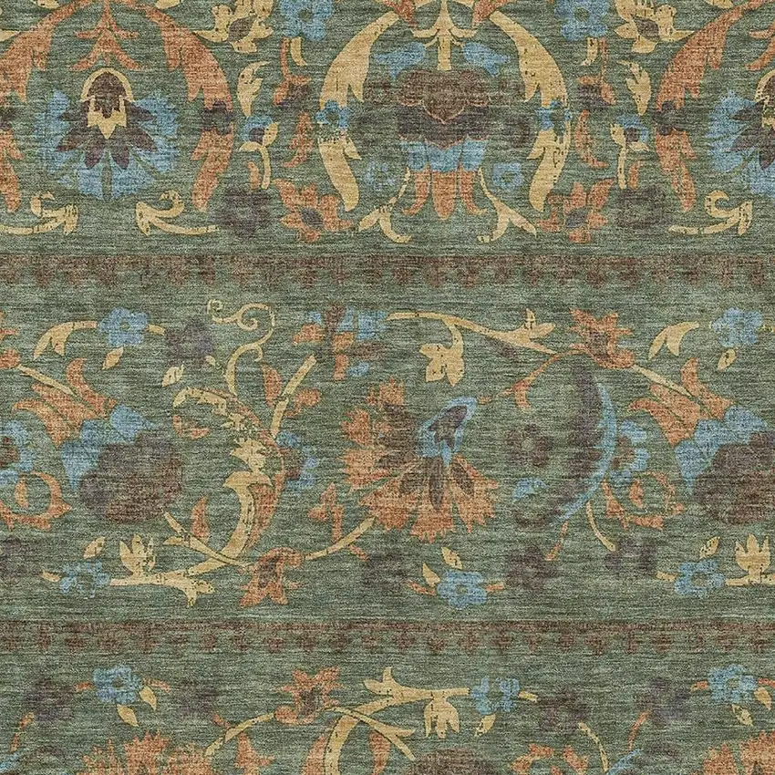 Green And Copper Floral Washable Indoor Outdoor Area Rug Photo 2