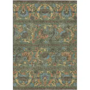 Photo of Green And Copper Floral Washable Indoor Outdoor Area Rug