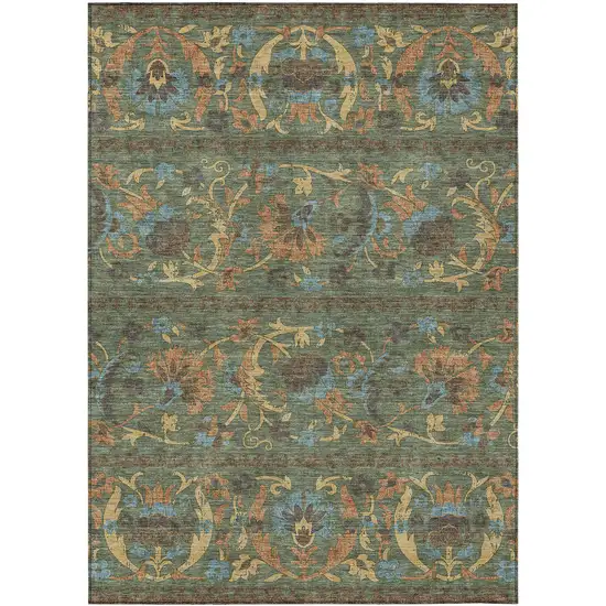 Green And Copper Floral Washable Indoor Outdoor Area Rug Photo 1