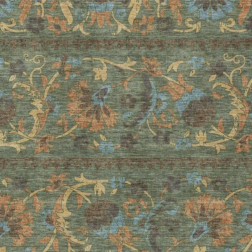 Green And Copper Floral Washable Indoor Outdoor Area Rug Photo 2