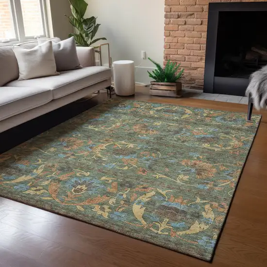Green And Copper Floral Washable Indoor Outdoor Area Rug Photo 5