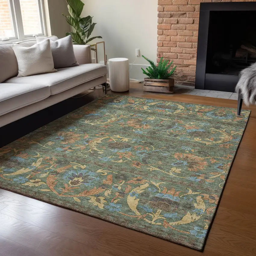 Green And Copper Floral Washable Indoor Outdoor Area Rug Photo 5
