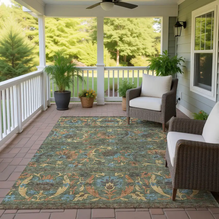 Green And Copper Floral Washable Indoor Outdoor Area Rug Photo 4