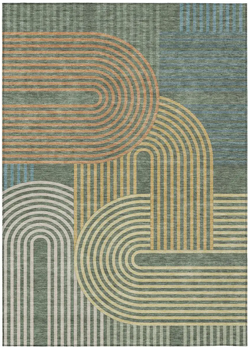Green And Copper Geometric Washable Indoor Outdoor Area Rug Photo 2