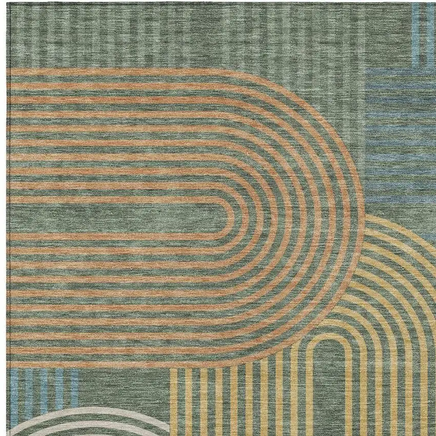 Green And Copper Geometric Washable Indoor Outdoor Area Rug Photo 3