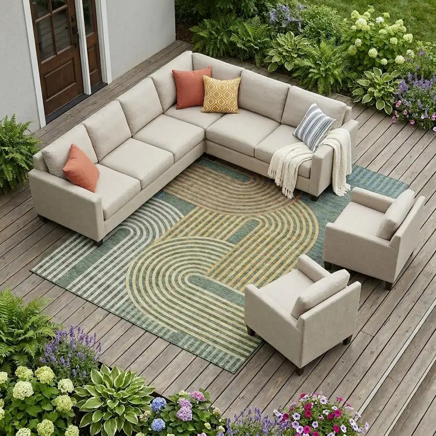 Green And Copper Geometric Washable Indoor Outdoor Area Rug Photo 1