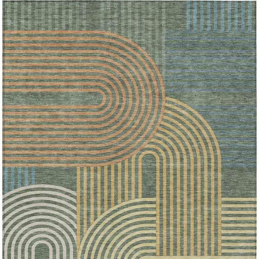 Green And Copper Geometric Washable Indoor Outdoor Area Rug Photo 4
