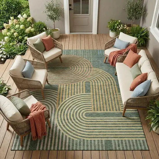 Green And Copper Geometric Washable Indoor Outdoor Area Rug Photo 1