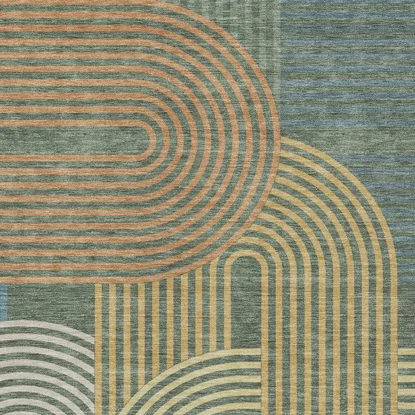 Green And Copper Geometric Washable Indoor Outdoor Area Rug Photo 3