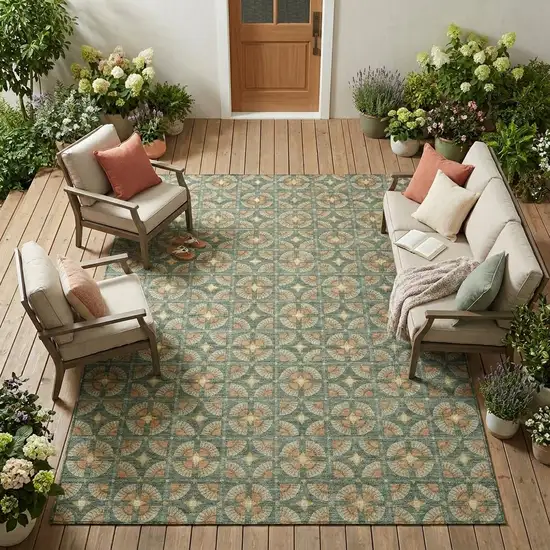 Green And Copper Geometric Washable Indoor Outdoor Area Rug Photo 1