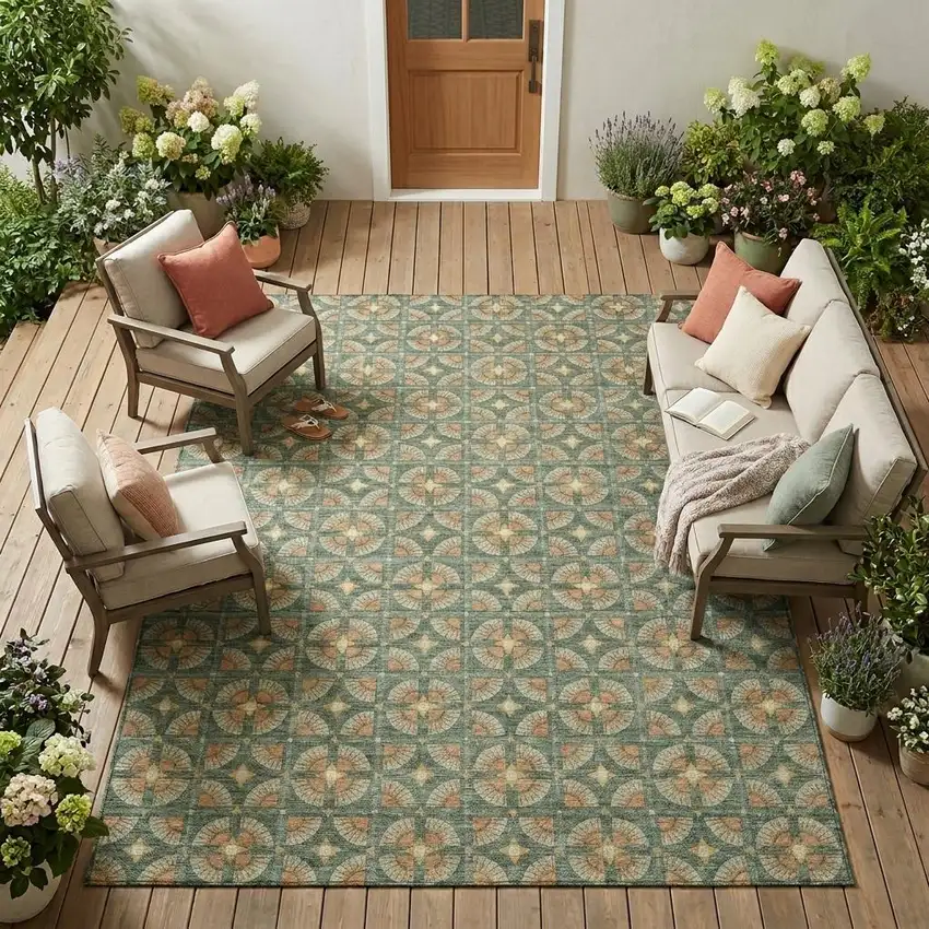 Green And Copper Geometric Washable Indoor Outdoor Area Rug Photo 1