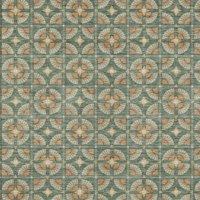 Green And Copper Geometric Washable Indoor Outdoor Area Rug Photo 3