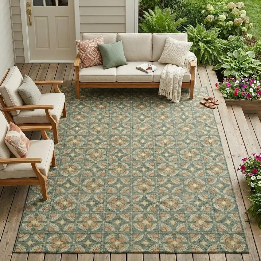 Green And Copper Geometric Washable Indoor Outdoor Area Rug Photo 1