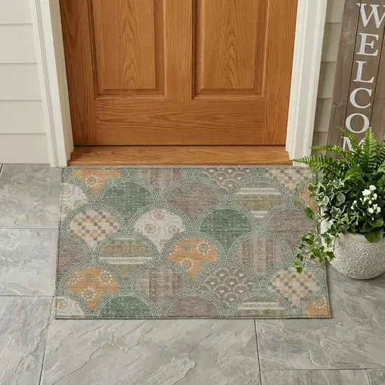 Green And Copper Geometric Washable Indoor Outdoor Area Rug Photo 1