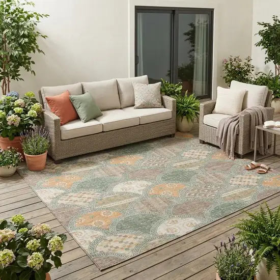 Green And Copper Geometric Washable Indoor Outdoor Area Rug Photo 1