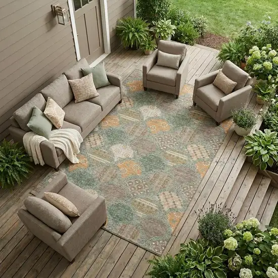 Green And Copper Geometric Washable Indoor Outdoor Area Rug Photo 1