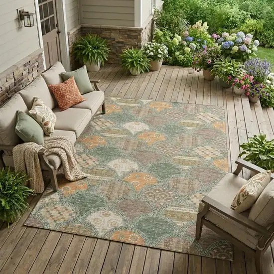 Green And Copper Geometric Washable Indoor Outdoor Area Rug Photo 1