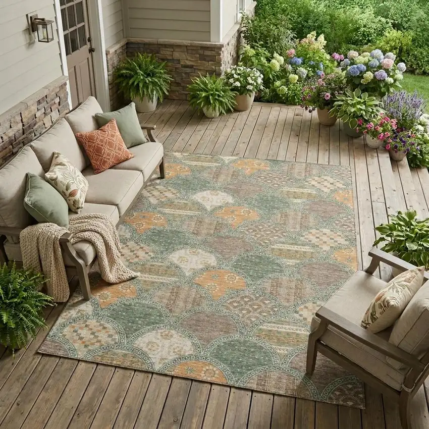 Green And Copper Geometric Washable Indoor Outdoor Area Rug Photo 1
