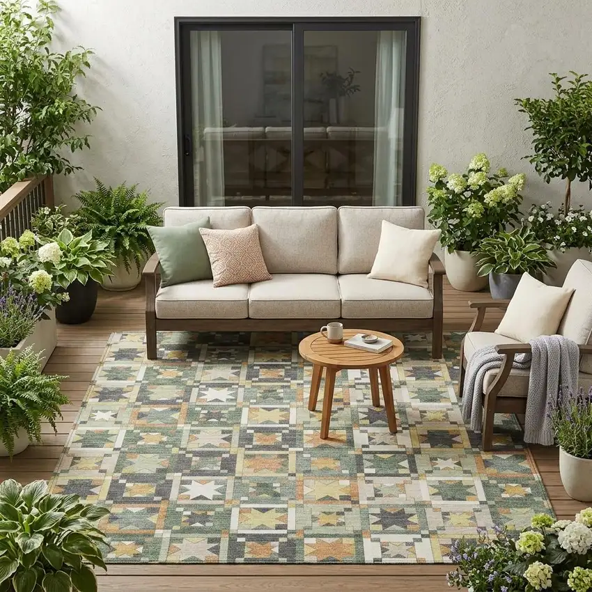 Green And Copper Patchwork Washable Indoor Outdoor Area Rug Photo 1