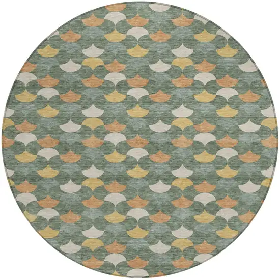 Green And Copper Round Geometric Washable Indoor Outdoor Area Rug Photo 1