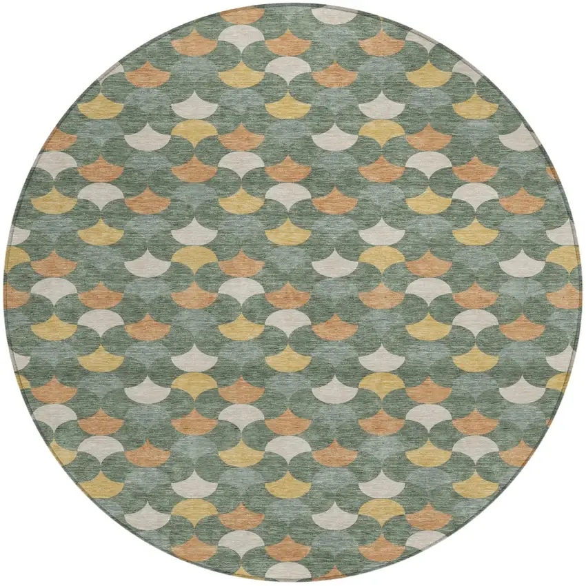 Green And Copper Round Geometric Washable Indoor Outdoor Area Rug Photo 1
