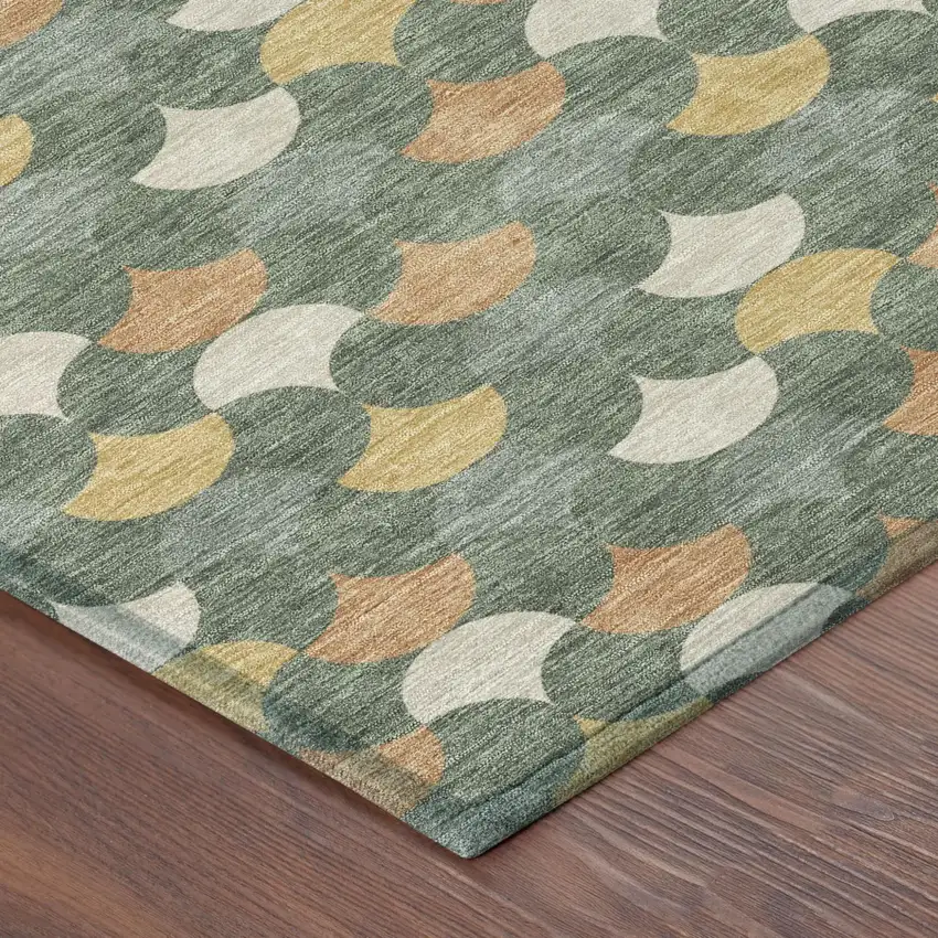Green And Copper Round Geometric Washable Indoor Outdoor Area Rug Photo 4