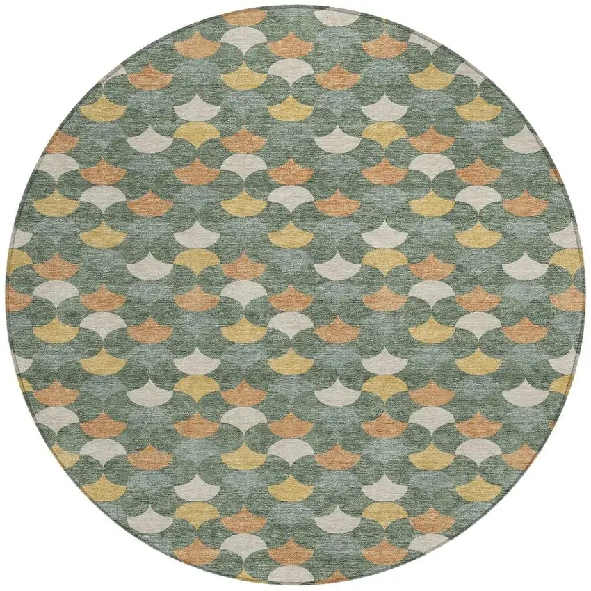 Green And Copper Round Geometric Washable Indoor Outdoor Area Rug Photo 3