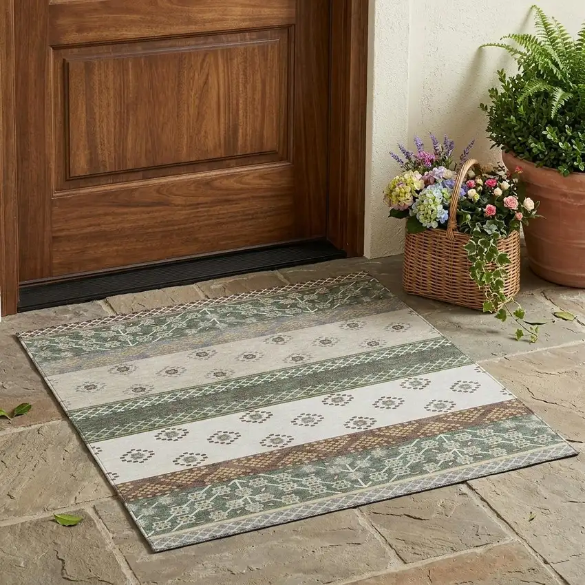 Green And Copper Striped Washable Indoor Outdoor Area Rug Photo 1