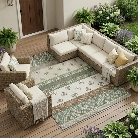 Green And Copper Striped Washable Indoor Outdoor Area Rug Photo 1