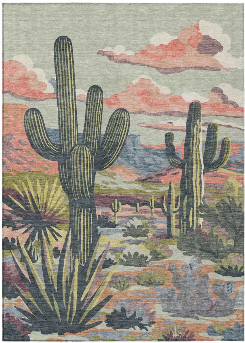 Green And Coral Trees Washable Indoor Outdoor Area Rug Photo 2