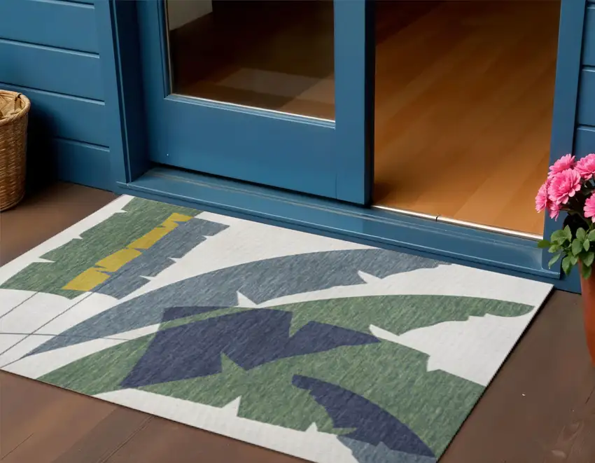 Green And Cream Abstract Indoor Outdoor Area Rug Photo 1